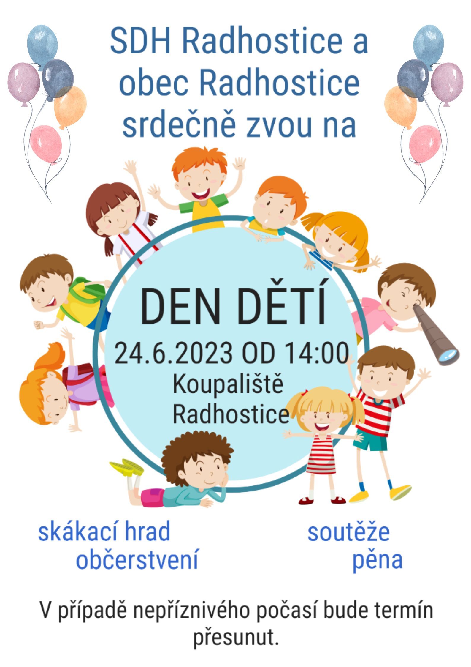 Leták - den dětí 24.6.2023 od 14:00 v Radhosticích na koupališti